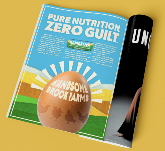 print advertisement placed into a magazine form. print advertisement with headline reading "pure nutritional. Zero guilt" with body copy and a photo of the egg below.